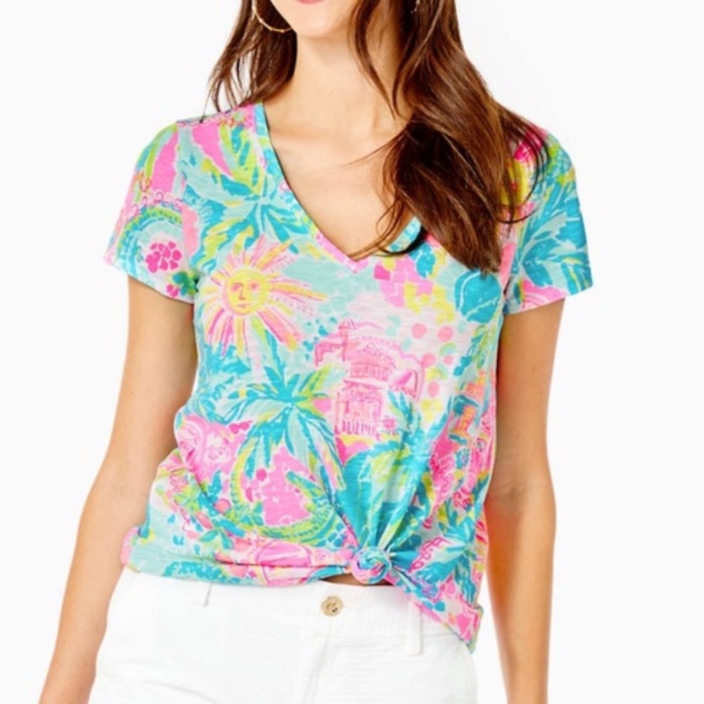 Lilly Pulitzer Etta V Neck Top in Multi Sunshine State Of Mind Sz S